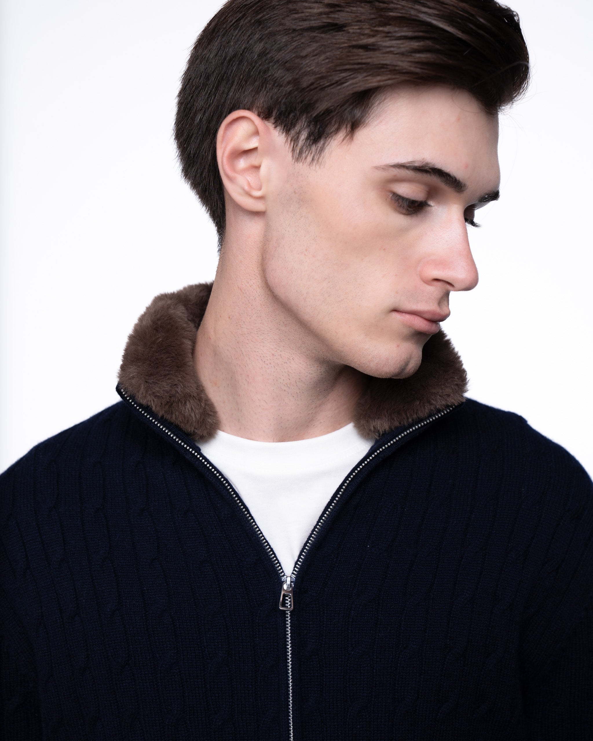 Cable Knit Full Zip Fur Jumper Navy