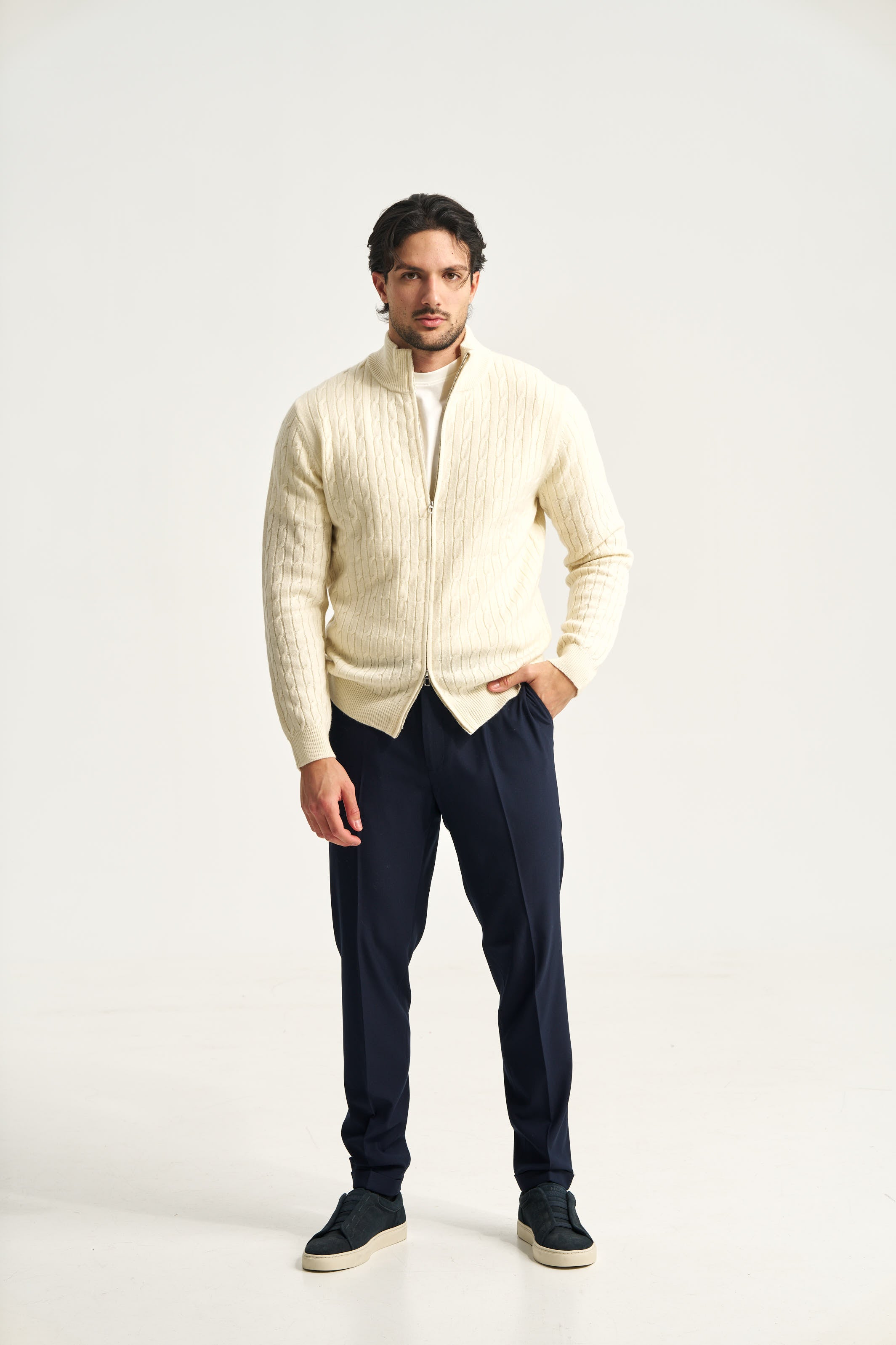 Cable Knit Full Zip Jumper Beige