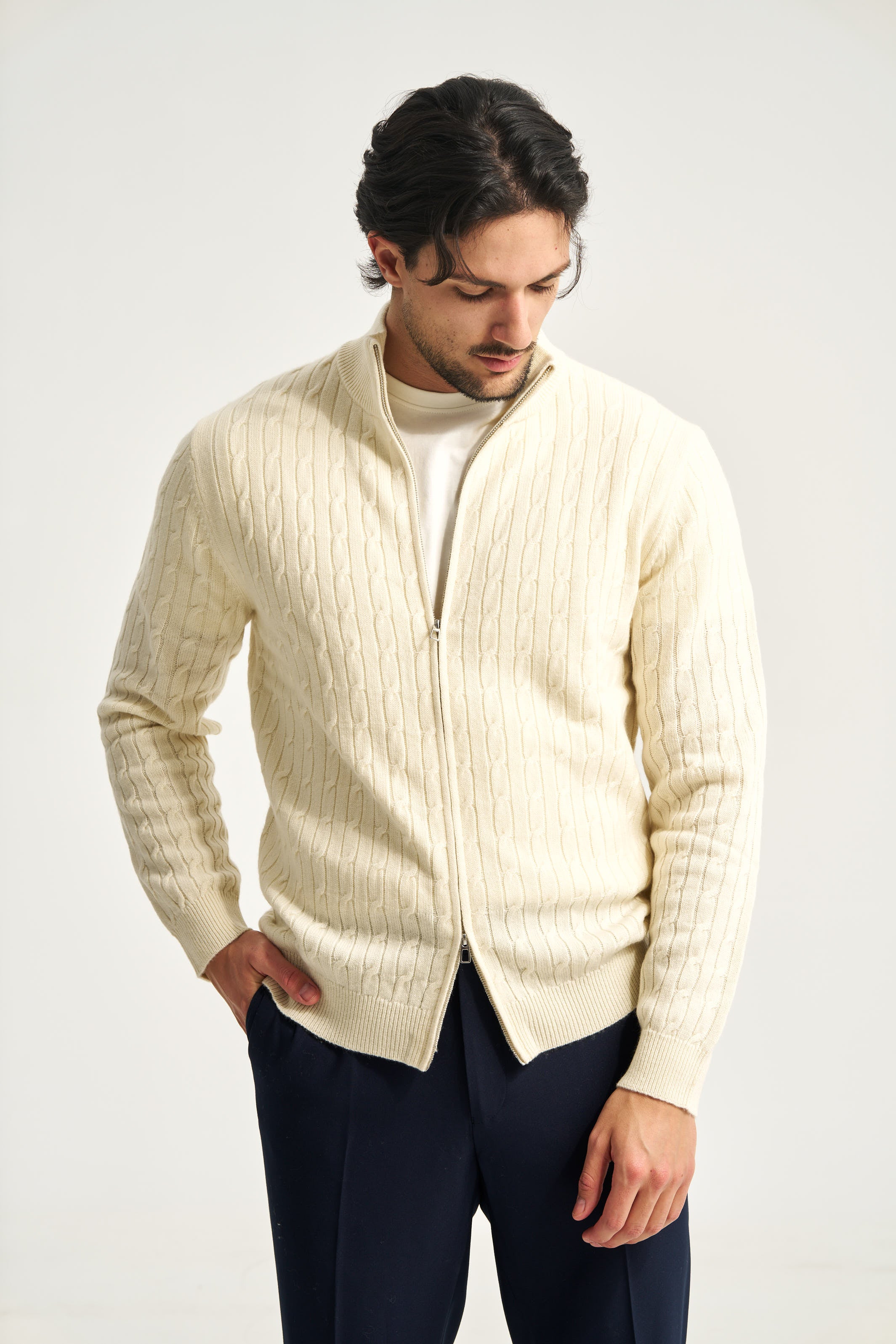 Cable Knit Full Zip Jumper Beige