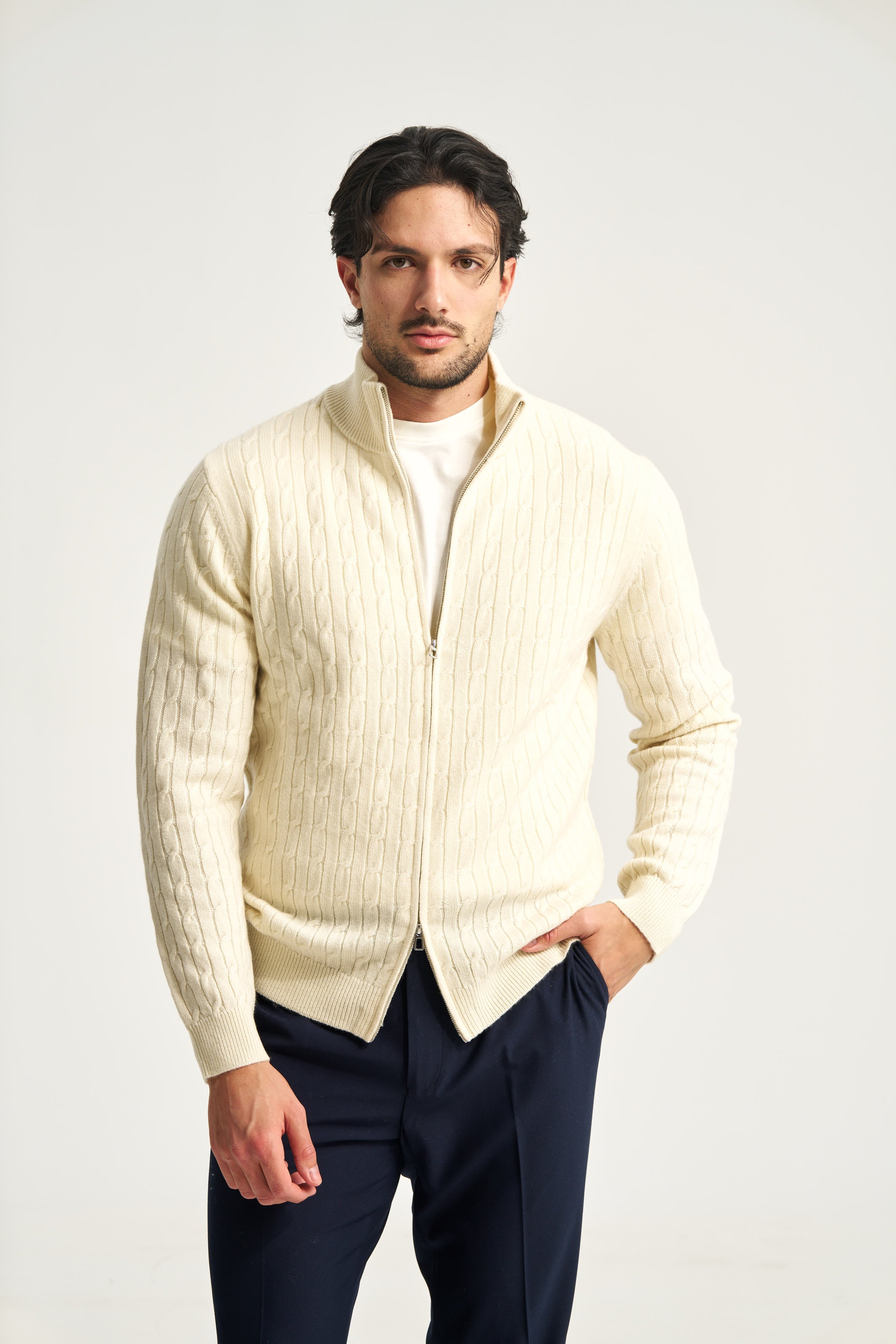 Cable Knit Full Zip Jumper Beige