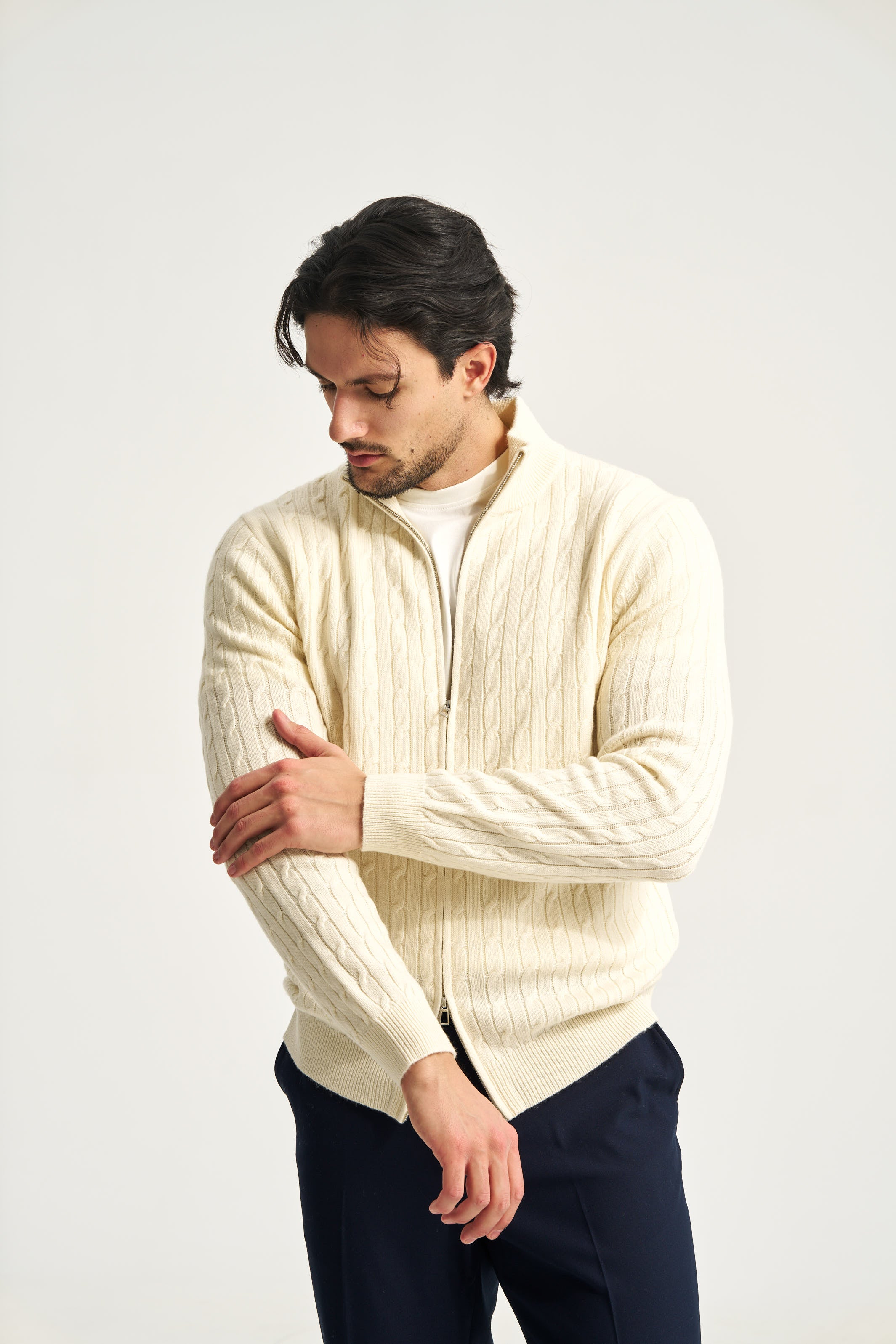 Cable Knit Full Zip Jumper Beige