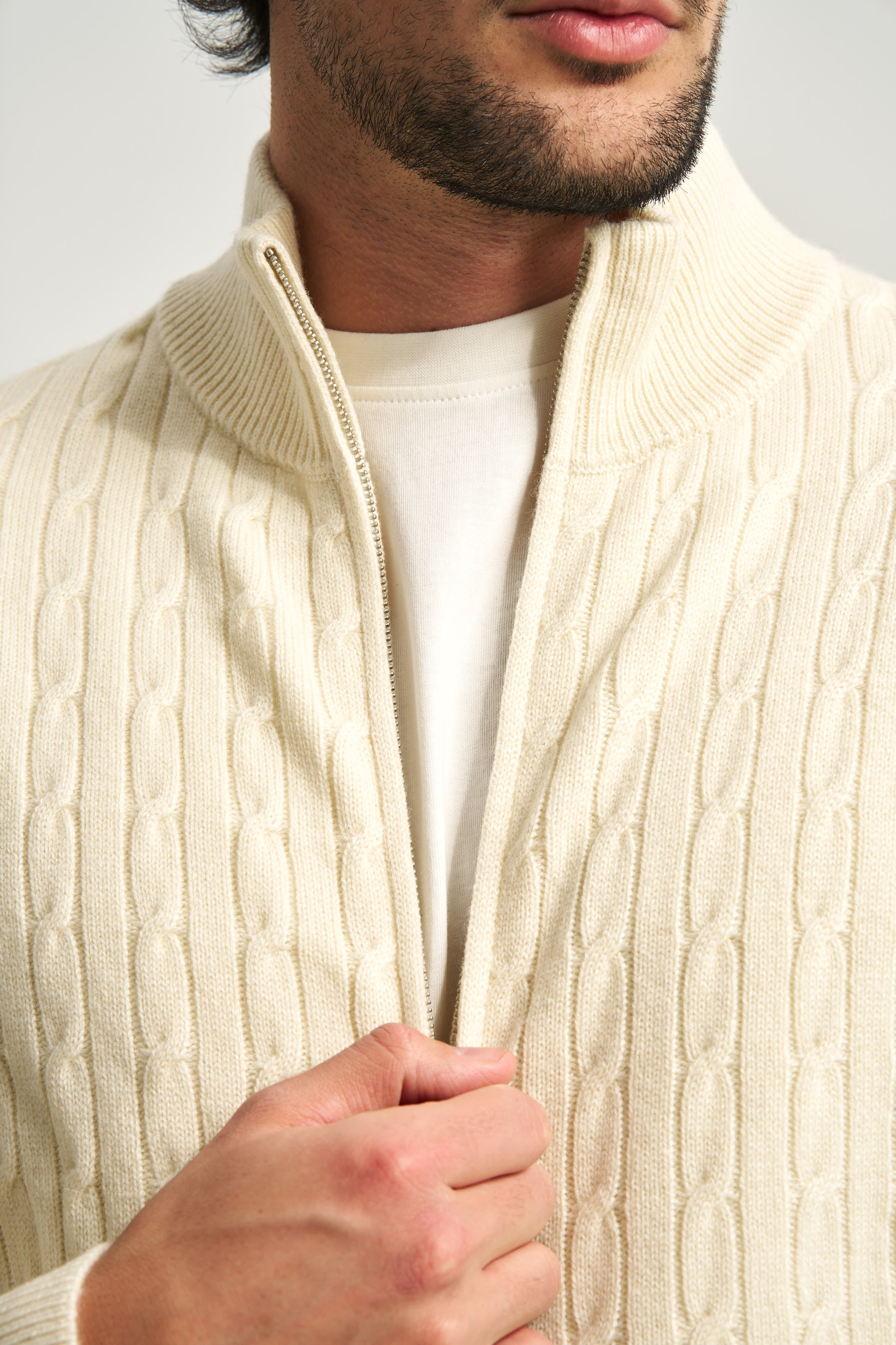 Cable Knit Full Zip Jumper Beige