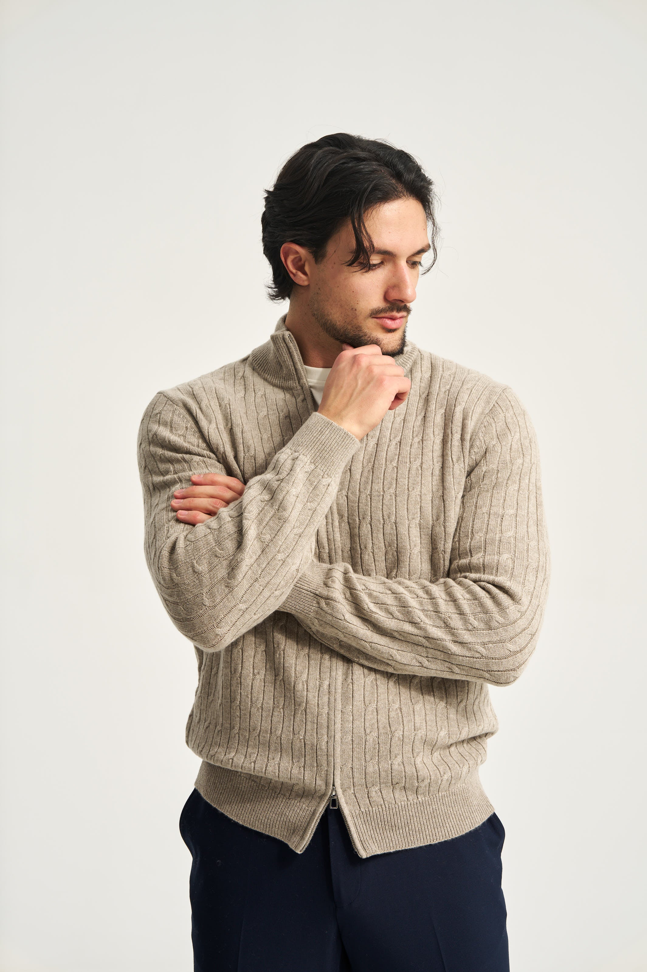 Cable Knit Full Zip Jumper Taupe Brown