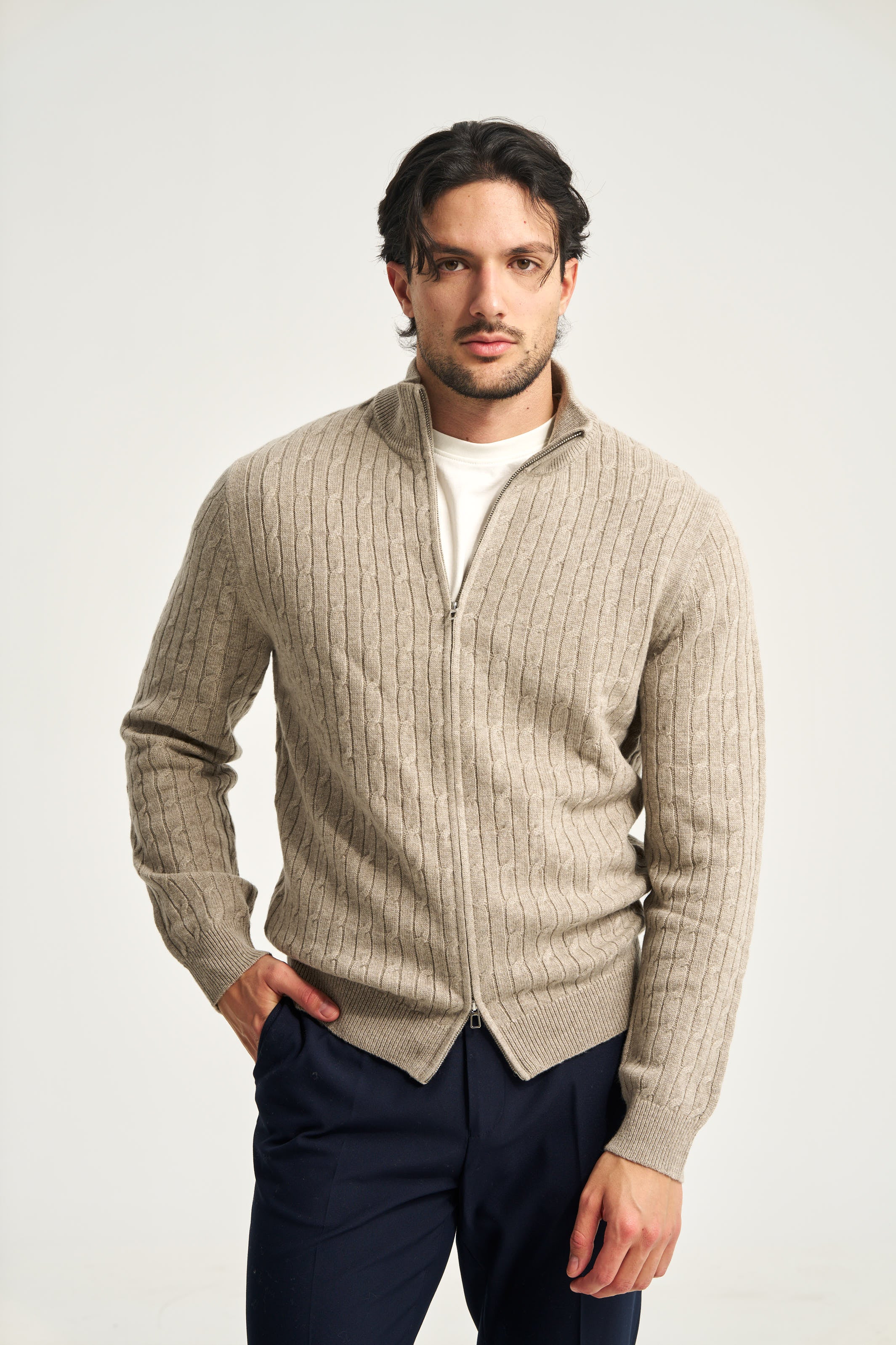 Cable Knit Full Zip Jumper Taupe Brown