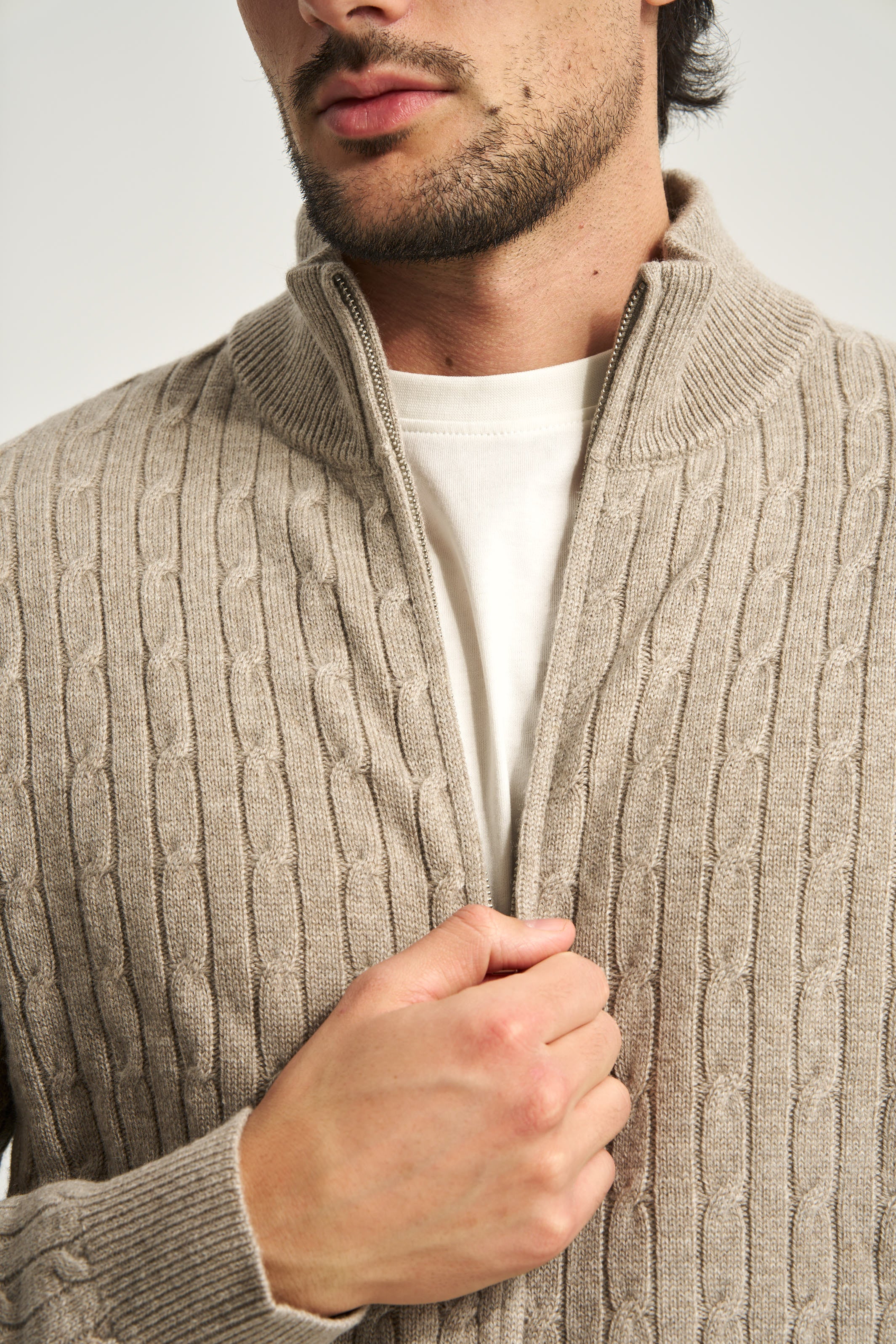 Cable Knit Full Zip Jumper Taupe Brown