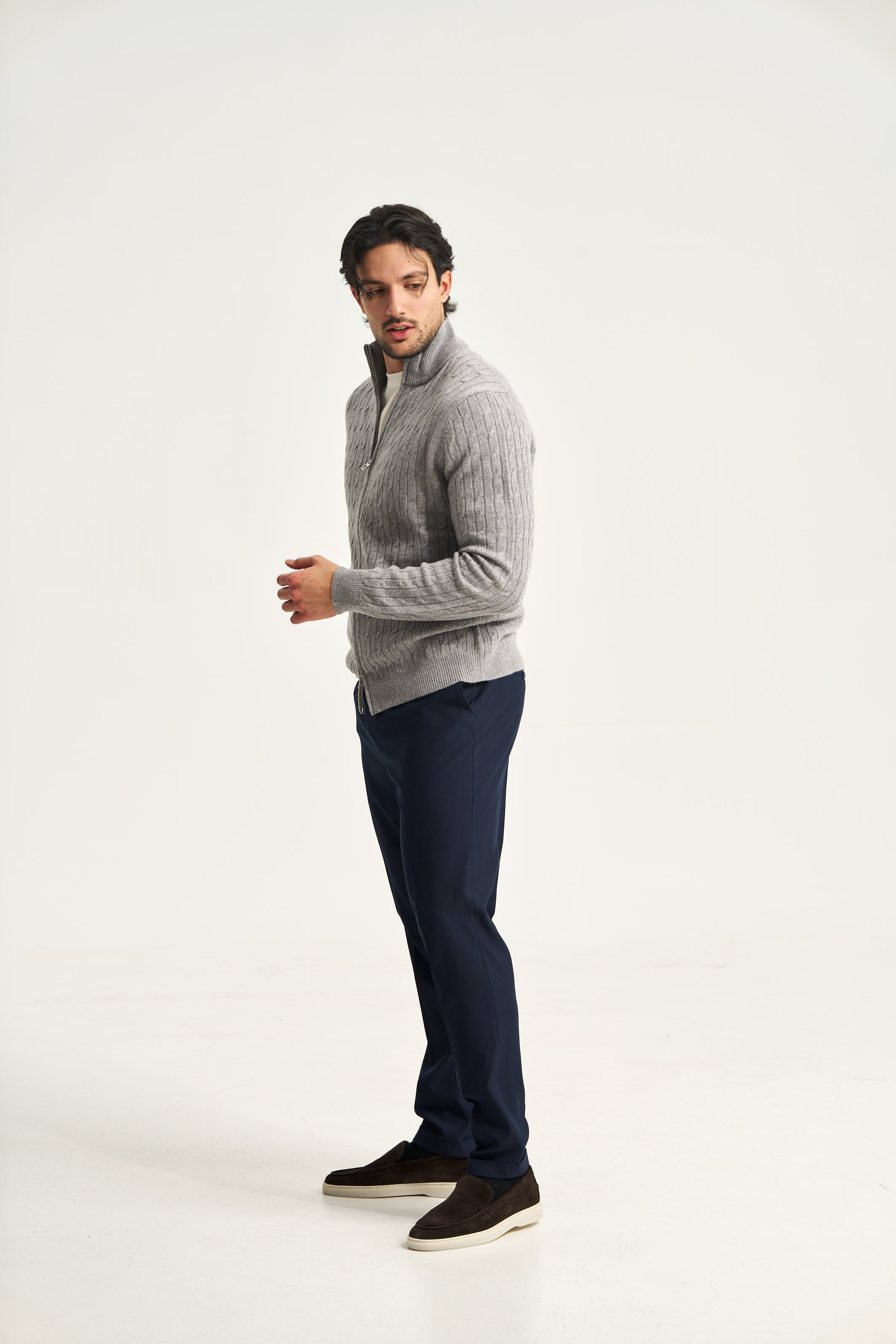 Cable Knit Full Zip Jumper Grey