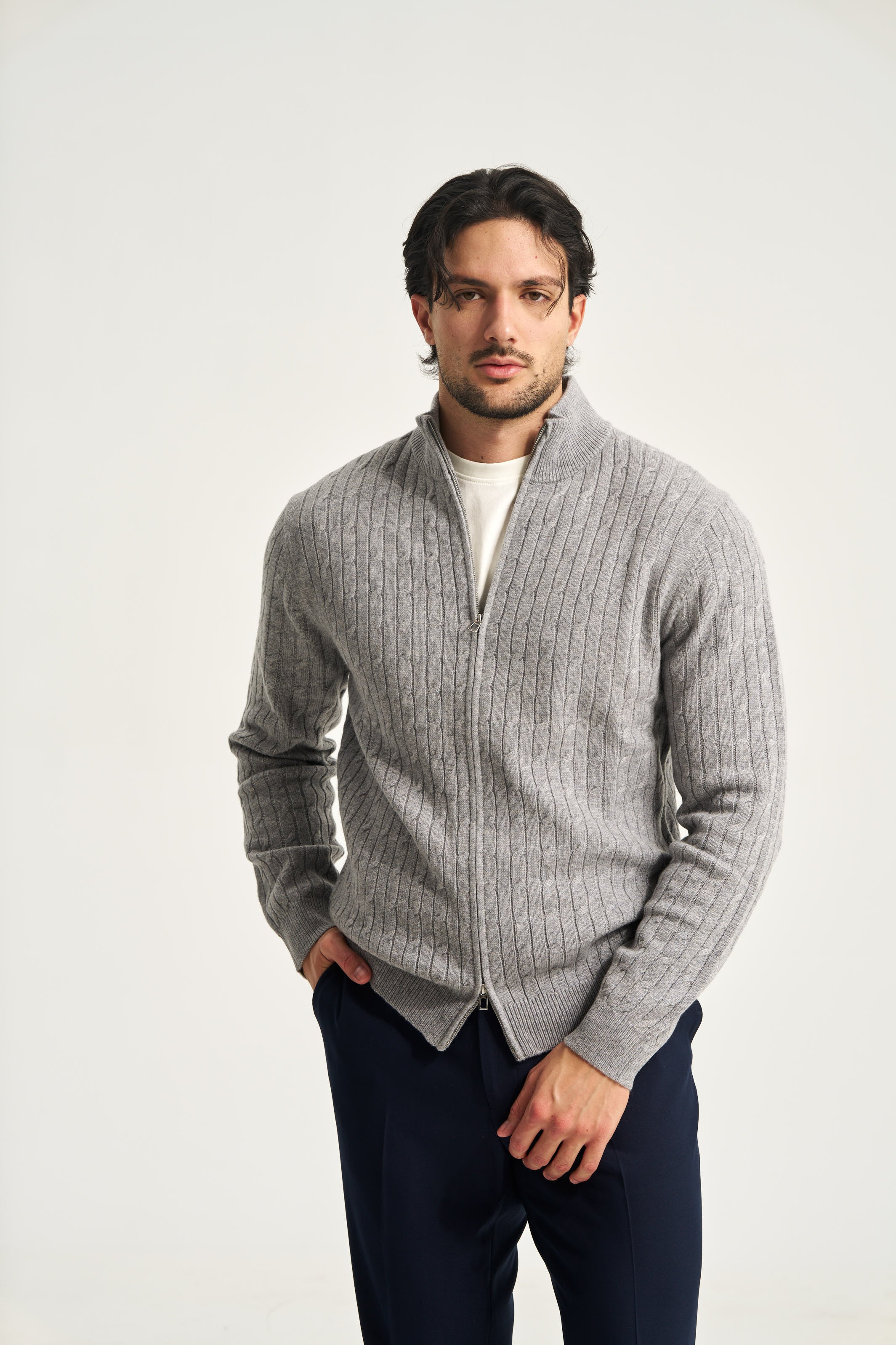 Cable Knit Full Zip Jumper Grey