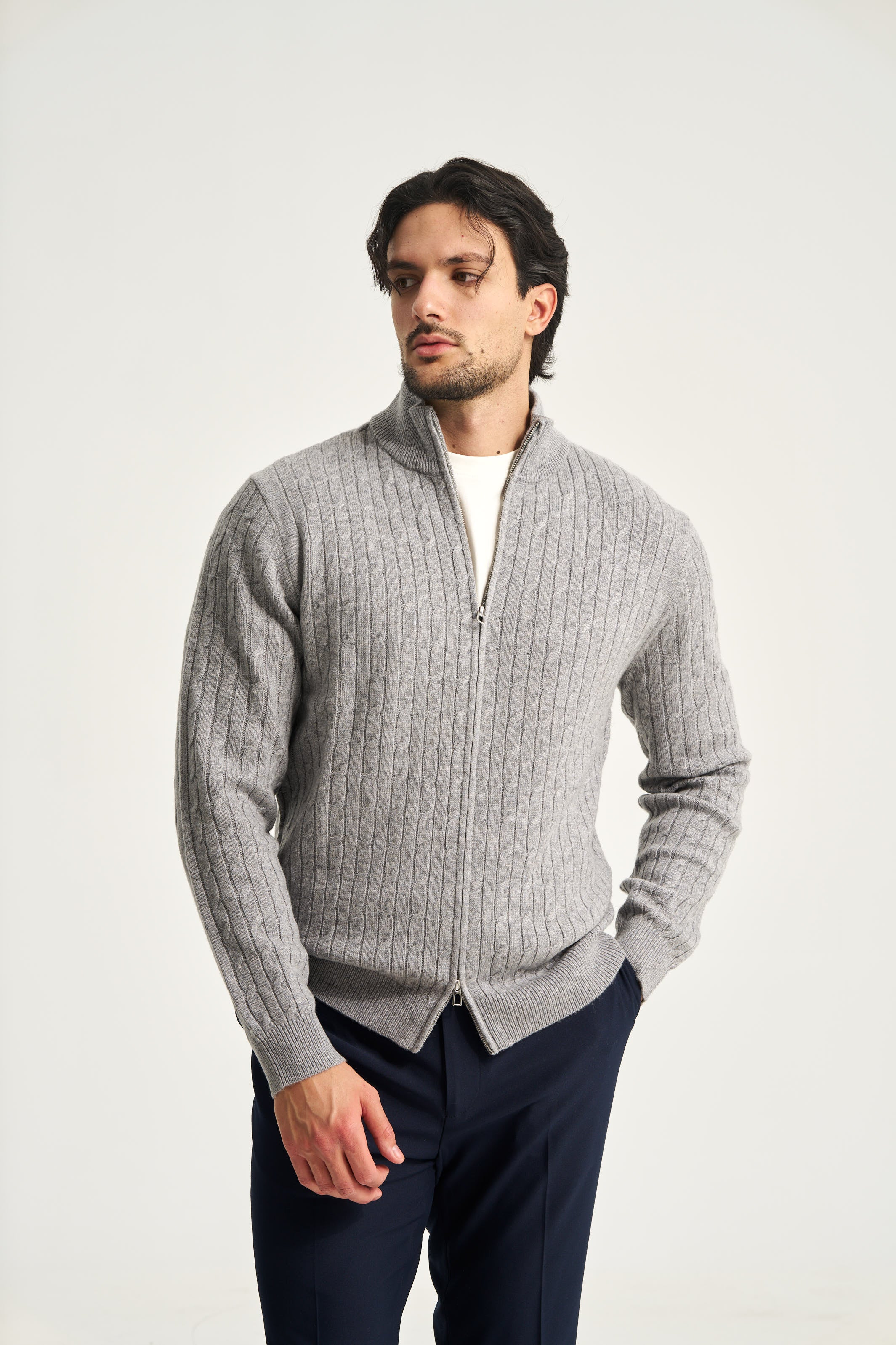 Cable Knit Full Zip Jumper Grey