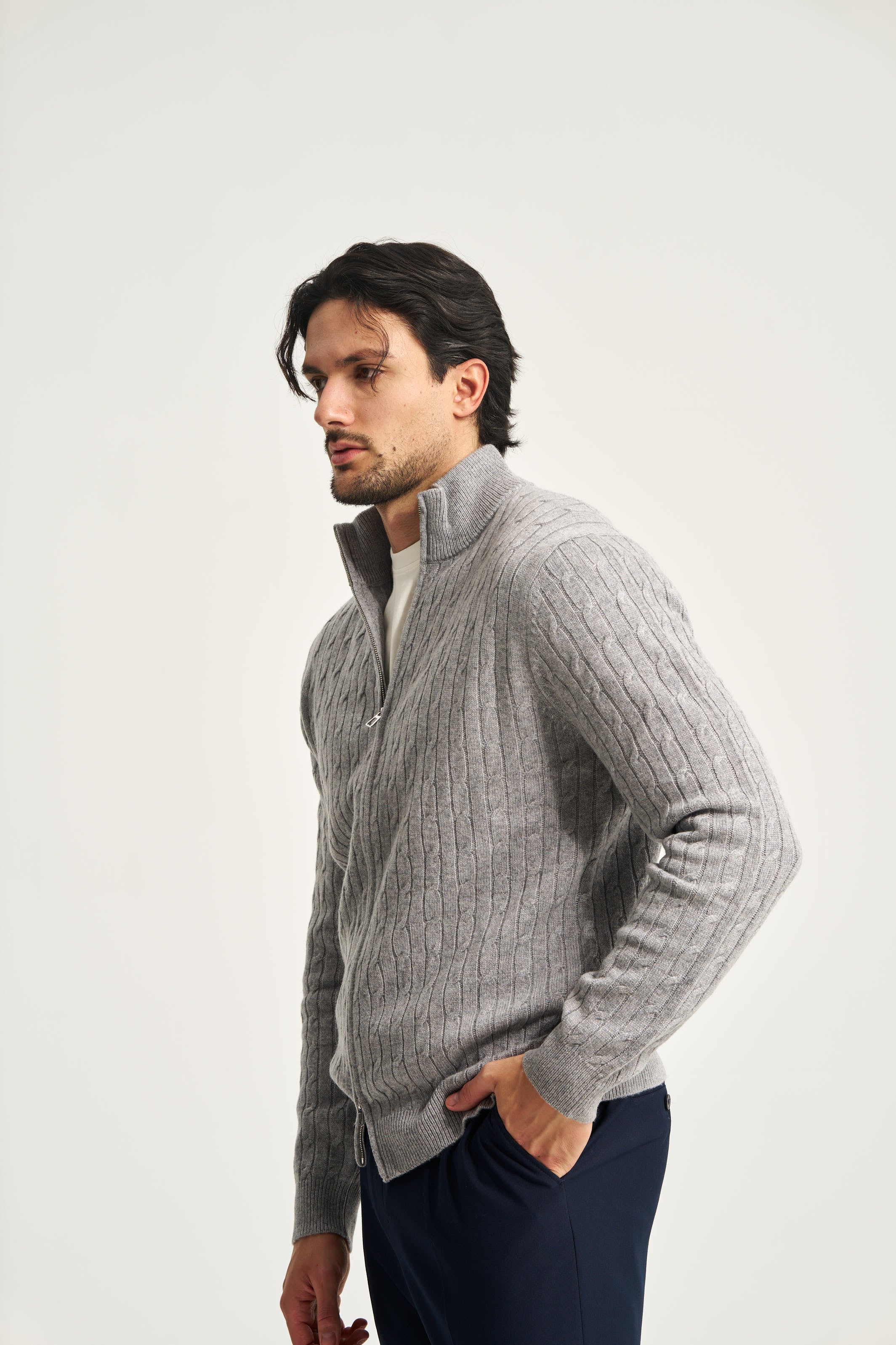 Cable Knit Full Zip Jumper Grey