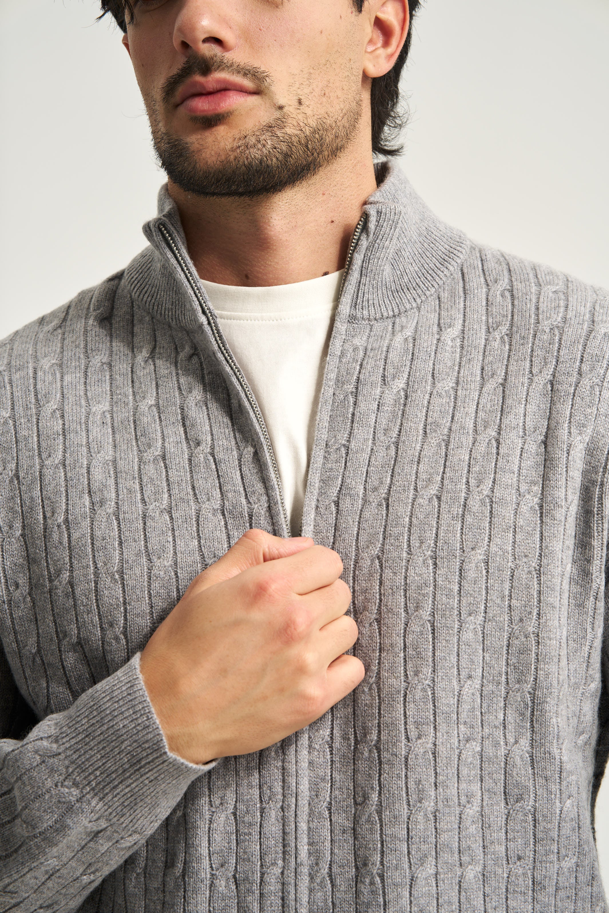 Cable Knit Full Zip Jumper Grey