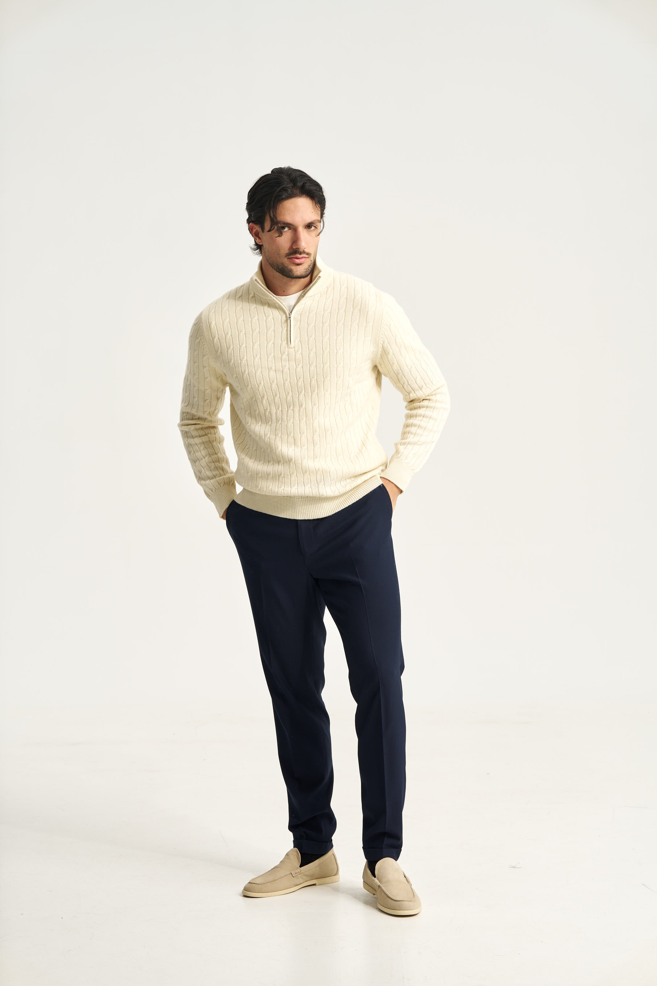 Cable Knit Quarter Zip Jumper Ecru