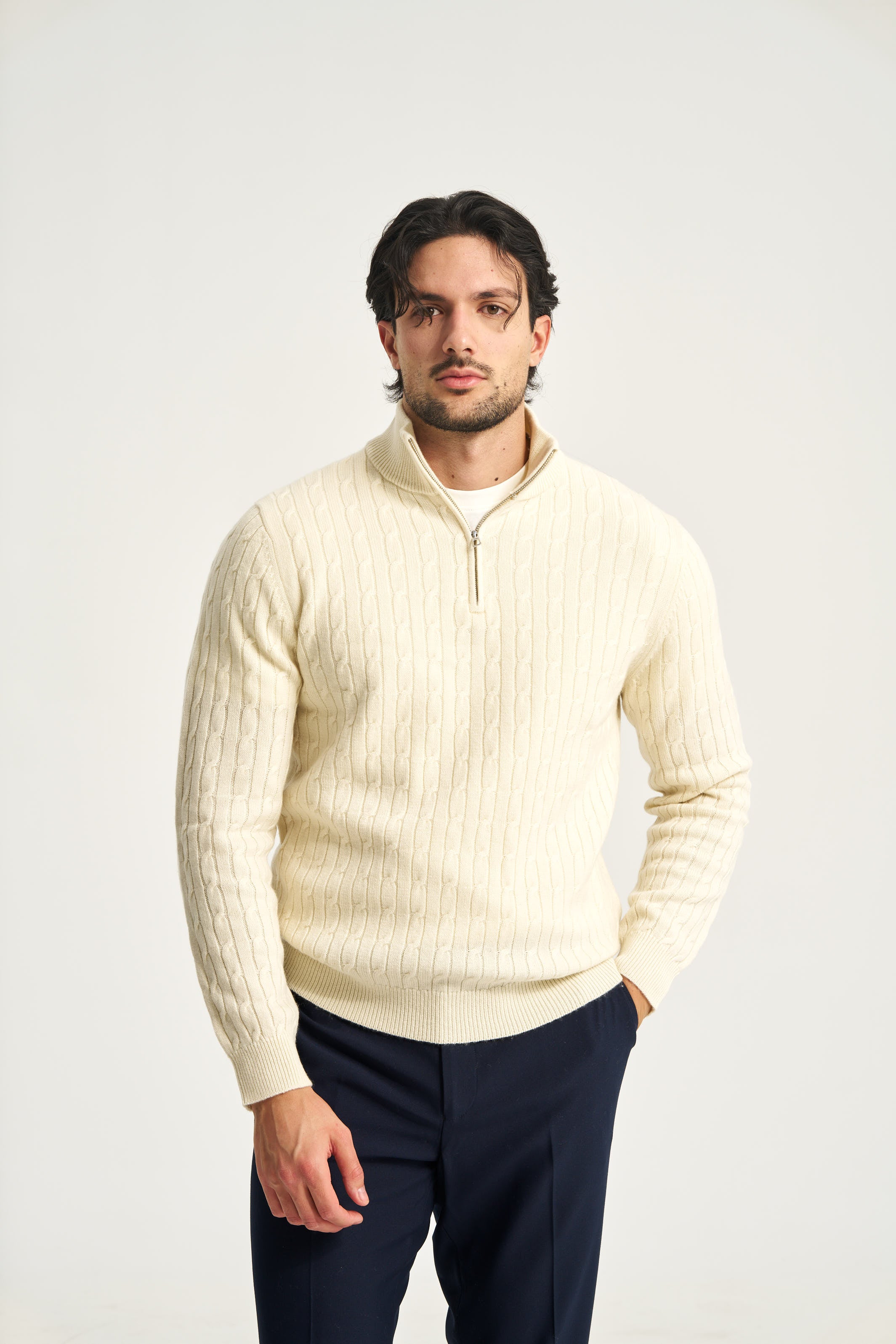Cable Knit Quarter Zip Jumper Ecru