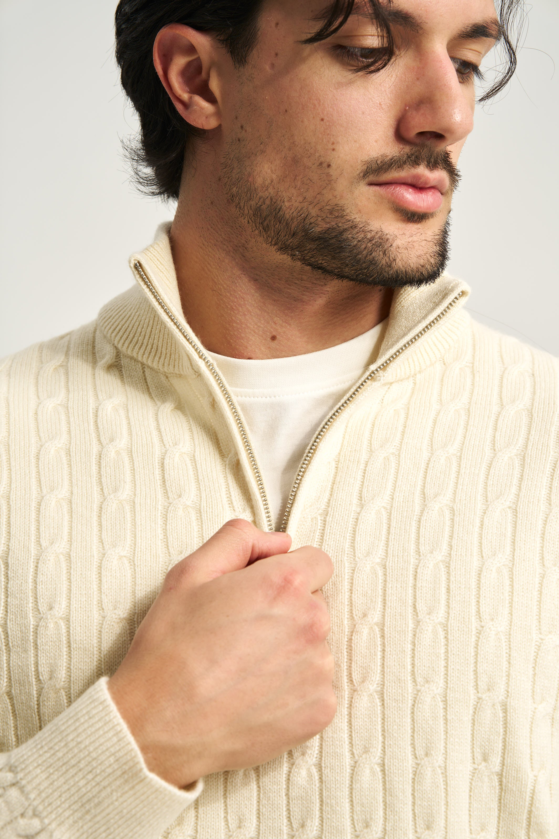 Cable Knit Quarter Zip Jumper Ecru
