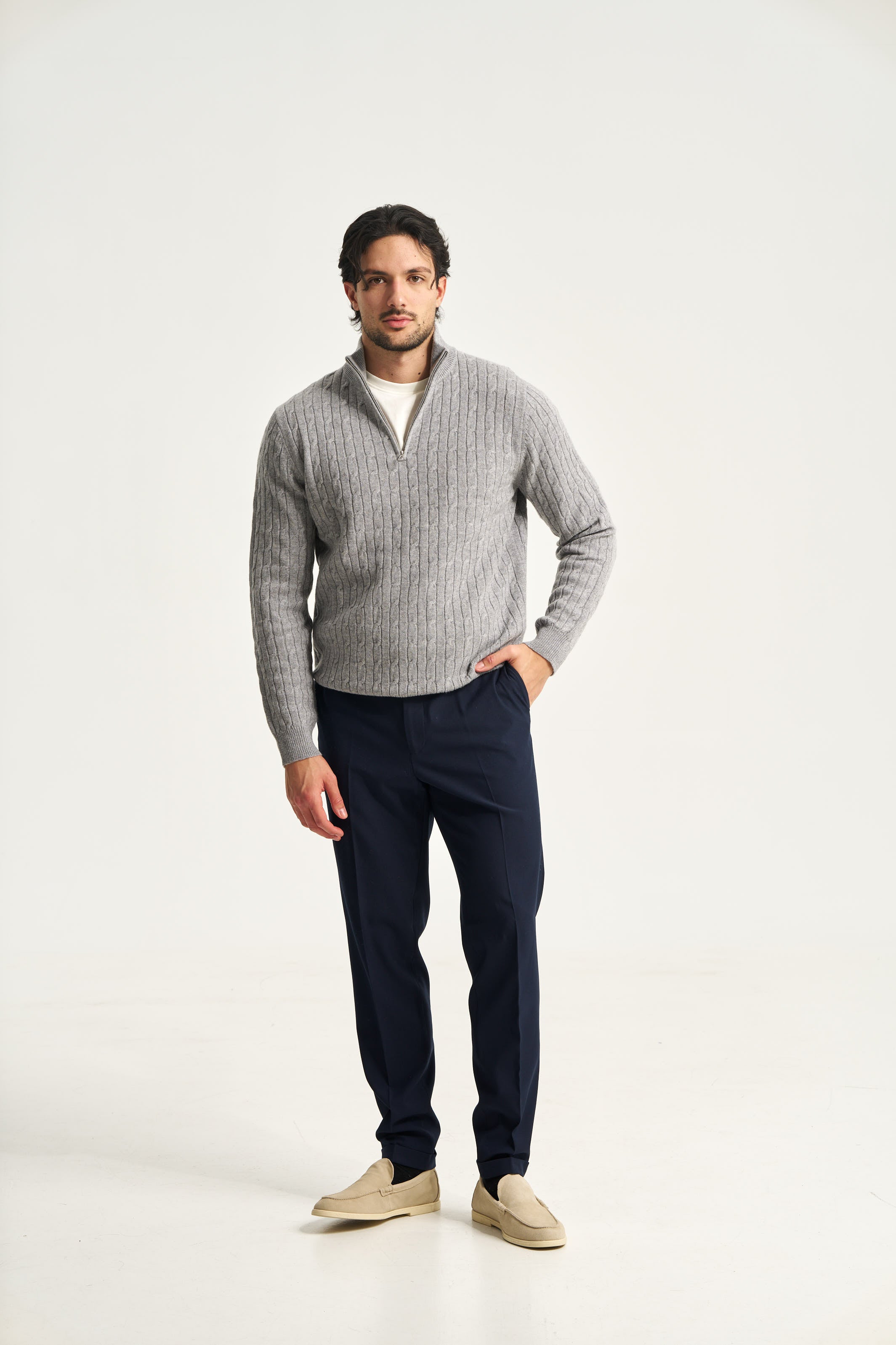 Cable Knit Quarter Zip Jumper Grey