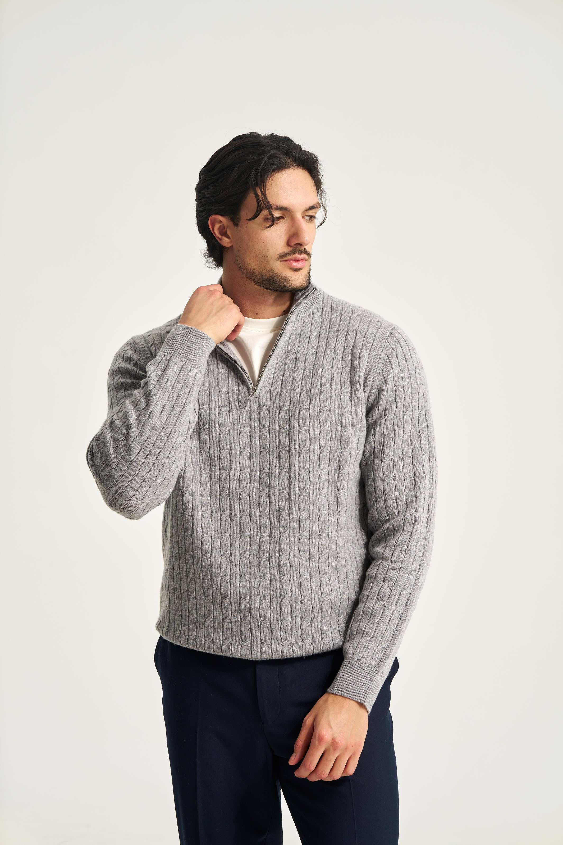 Cable Knit Quarter Zip Jumper Grey