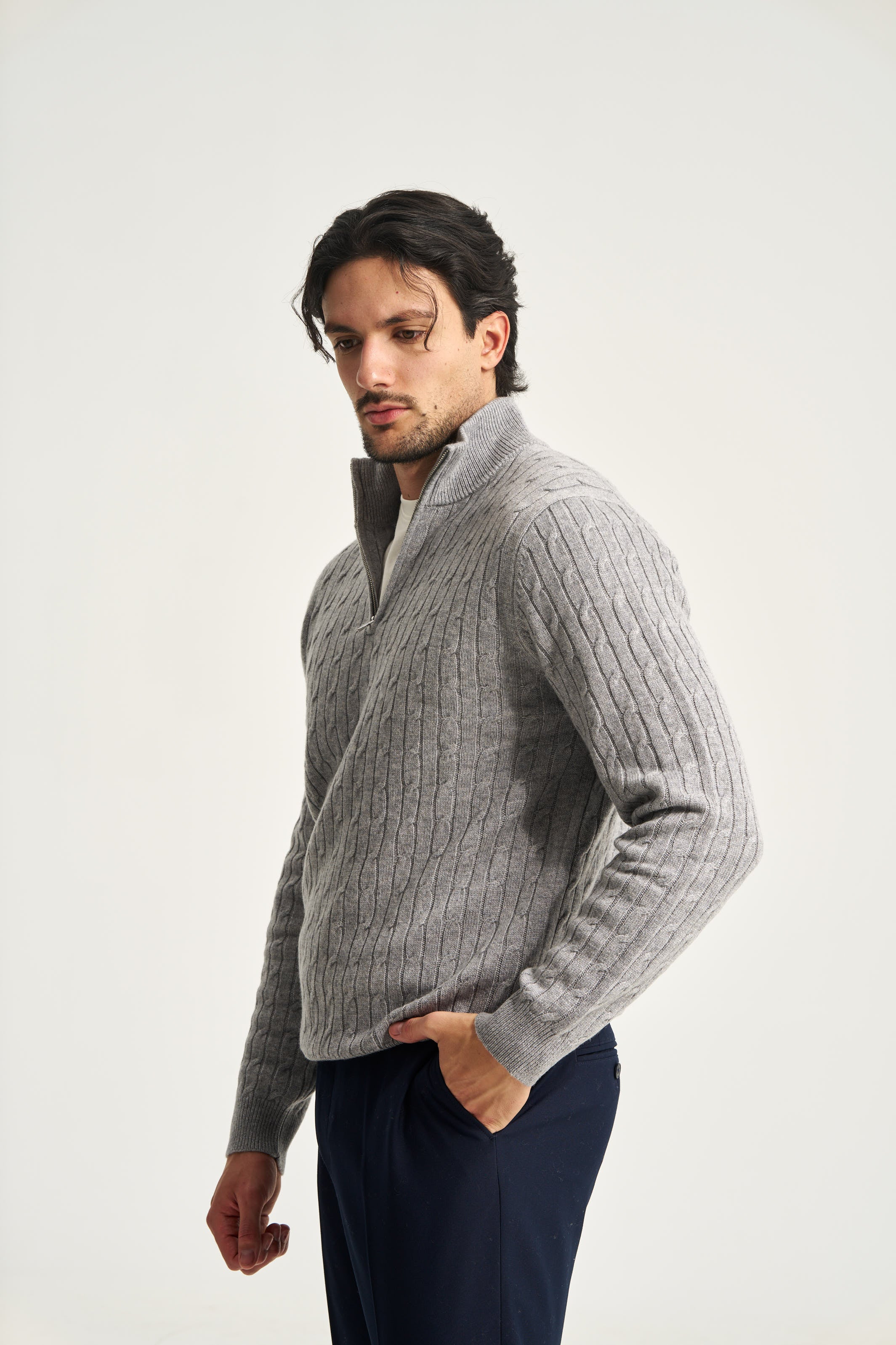 Cable Knit Quarter Zip Jumper Grey