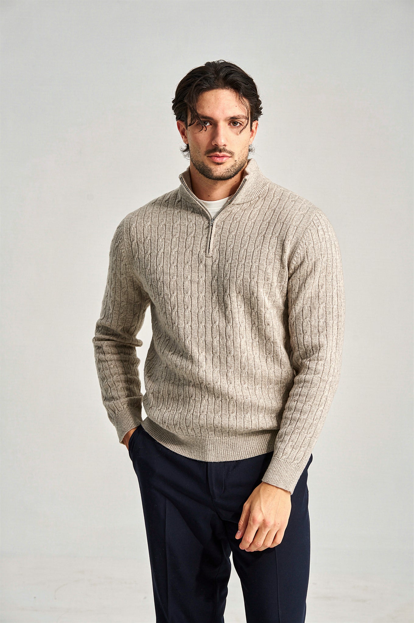 Cable Knit Quarter Zip Jumper Taupe